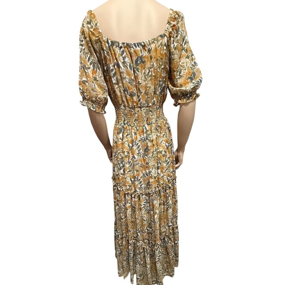 Baltic Born Floral Tiered Maxi Dress Gold Brown Smocked Puff Sleeve Size M NWT - Picture 6 of 9
